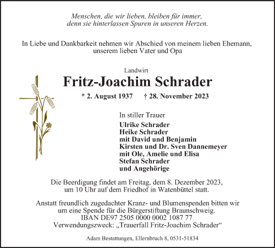 Traueranzeige von Fritz-Joachim Schrader von Braunschweiger Zeitung