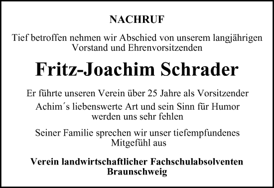 Traueranzeige von Fritz-Joachim Schrader von Braunschweiger Zeitung