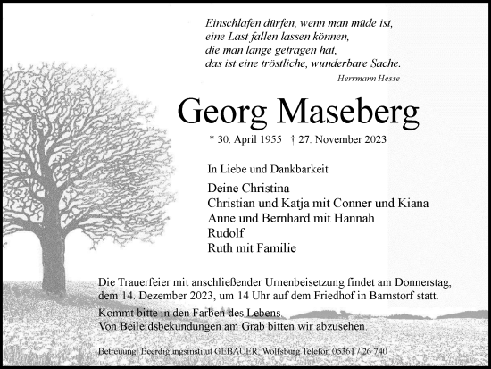 Traueranzeige von Georg Maseberg von Wolfsburger Nachrichten