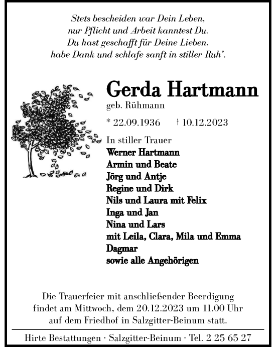 Traueranzeige von Gerda Hartmann von Salzgitter-Zeitung