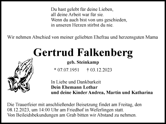 Traueranzeige von Gertrud Falkenberg von Wolfenbütteler Zeitung