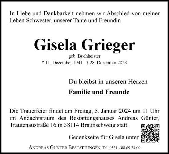 Traueranzeige von Gisela Grieger von Braunschweiger Zeitung
