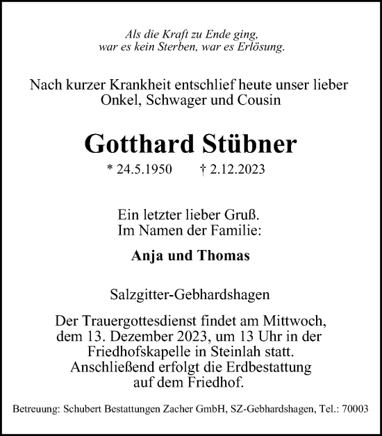 Traueranzeige von Gotthard Stübner von Salzgitter-Zeitung