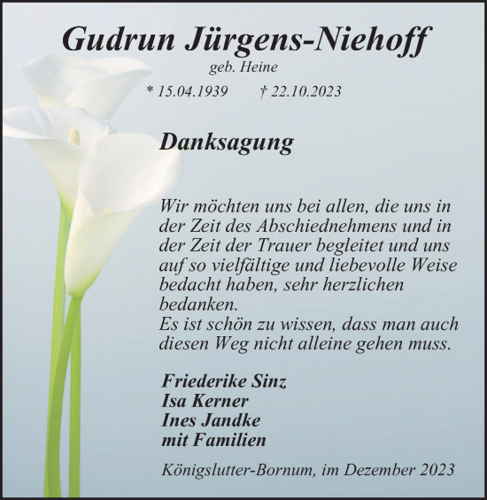 Traueranzeige von Gudrun Jürgens-Niehoff von Helmstedter Nachrichten