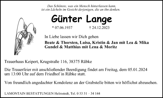 Traueranzeige von Günter Lange von Helmstedter Nachrichten
