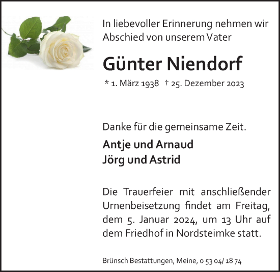 Traueranzeige von Günter Niendorf von Wolfsburger Nachrichten