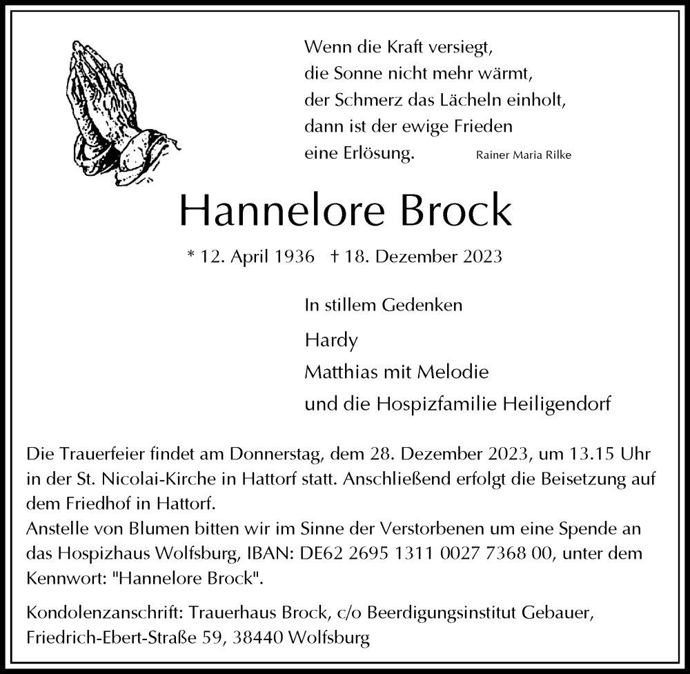  Traueranzeige für Hannelore Brock vom 23.12.2023 aus Wolfsburger Nachrichten