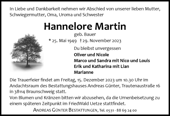 Traueranzeige von Hannelore Martin von Peiner Nachrichten