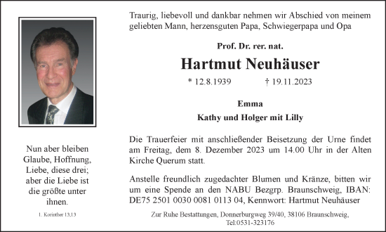 Traueranzeige von Hartmut Neuhäuser von Braunschweiger Zeitung