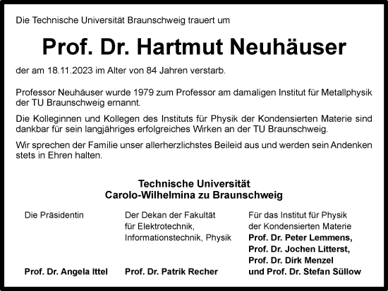 Traueranzeige von Hartmut Neuhäuser von Braunschweiger Zeitung