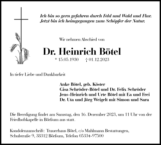 Traueranzeige von Heinrich Bötel von Wolfenbütteler Zeitung