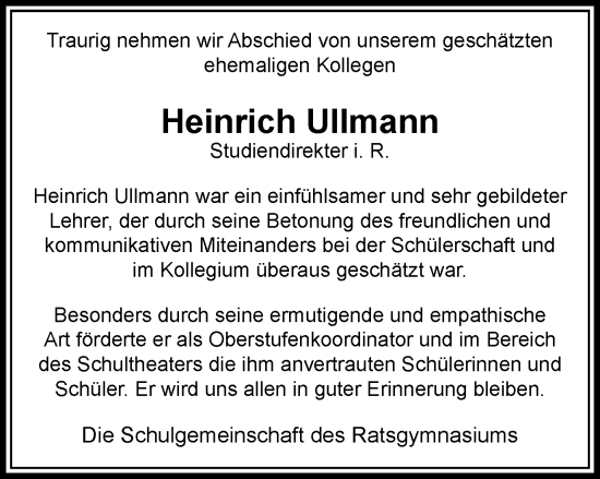Traueranzeige von Heinrich Ullmann von Wolfsburger Nachrichten