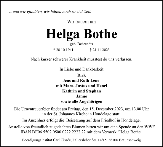 Traueranzeige von Helga Bothe von Braunschweiger Zeitung