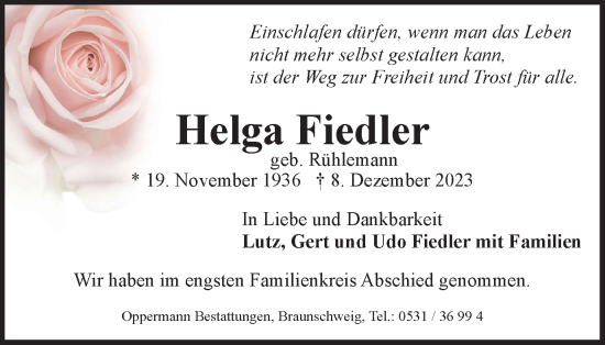 Traueranzeige von Helga Fiedler von Braunschweiger Zeitung