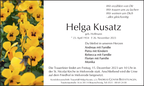 Traueranzeige von Helga Kusatz von Braunschweiger Zeitung