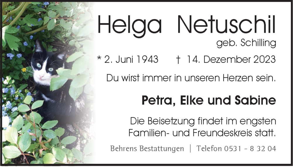 Traueranzeige für Helga Netuschil vom 23.12.2023 aus Braunschweiger Zeitung