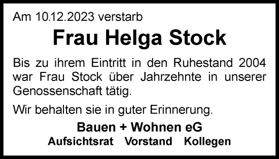 Traueranzeige von Helga Stock von Braunschweiger Zeitung