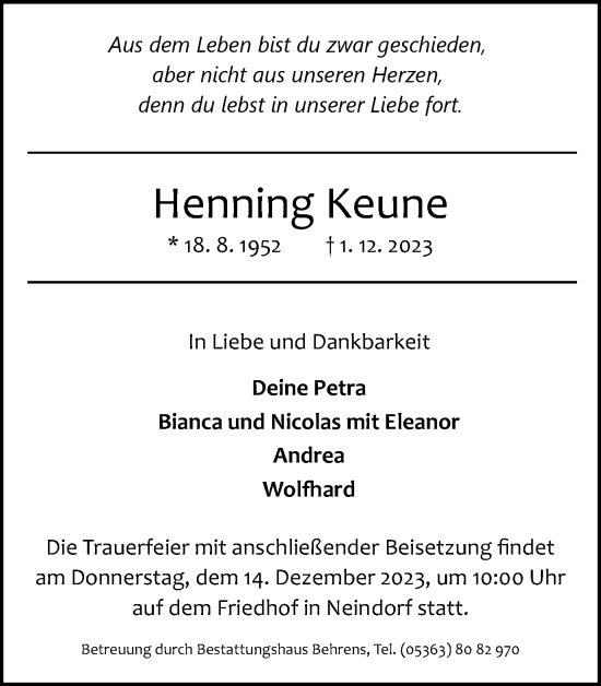 Traueranzeige von Henning Keune von Wolfsburger Nachrichten