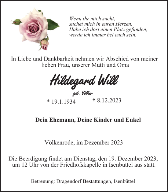 Traueranzeige von Hildegard Will von Braunschweiger Zeitung