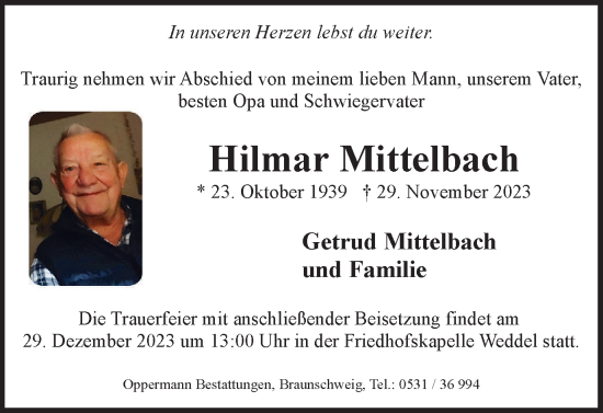 Traueranzeige von Hilmar Mittelbach von Braunschweiger Zeitung
