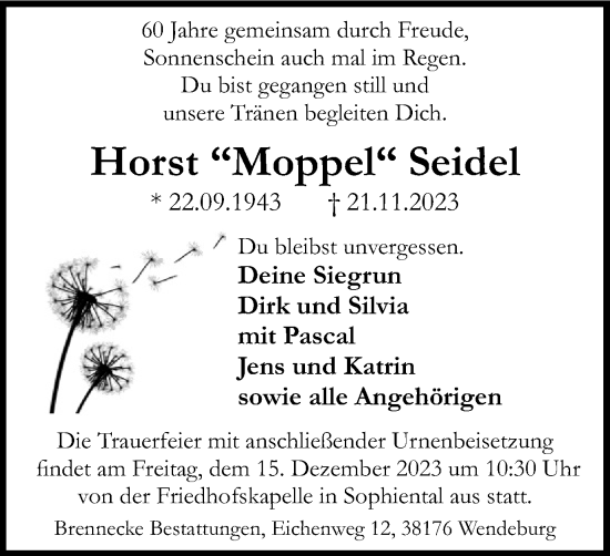Traueranzeige von Horst Seidel von Braunschweiger Zeitung