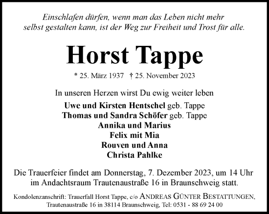 Traueranzeige von Horst Tappe von Braunschweiger Zeitung