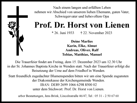Traueranzeige von Horst von Lienen von Braunschweiger Zeitung