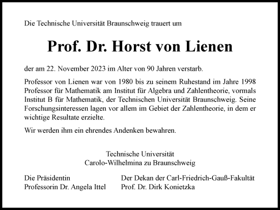 Traueranzeige von Horst von Lienen von Braunschweiger Zeitung