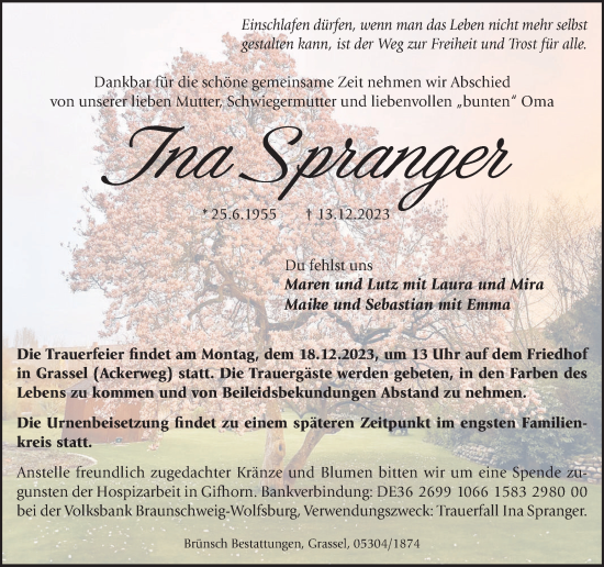 Traueranzeige von Ina Spranger von Braunschweiger Zeitung