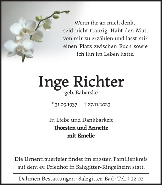 Traueranzeige von Inge Richter von Salzgitter-Zeitung