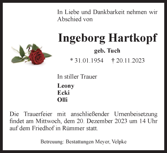 Traueranzeige von Ingeborg Hartkopf von Helmstedter Nachrichten