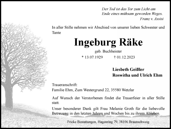 Traueranzeige von Ingeburg Räke von Wolfenbütteler Zeitung