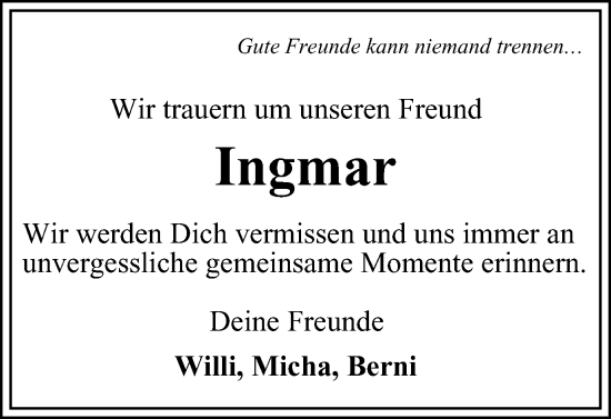 Traueranzeige von Ingmar  von Braunschweiger Zeitung