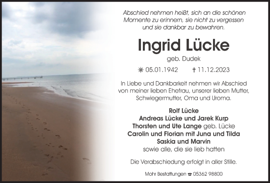 Traueranzeige von Ingrid Lücke von Wolfsburger Nachrichten