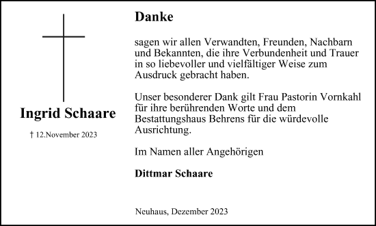 Traueranzeige von Ingrid Schaare von Wolfsburger Nachrichten