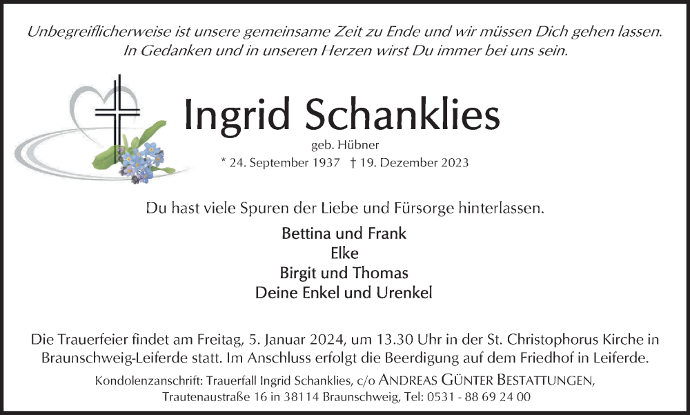  Traueranzeige für Ingrid Schanklies vom 30.12.2023 aus Braunschweiger Zeitung