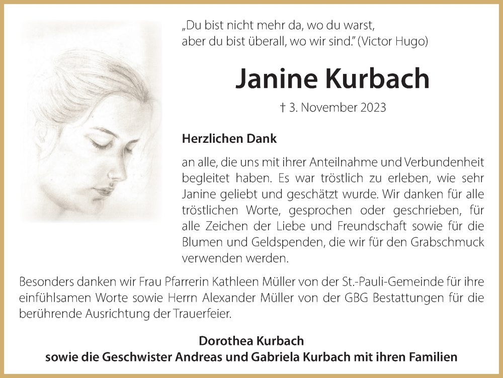  Traueranzeige für Janine Kurbach vom 16.12.2023 aus Braunschweiger Zeitung
