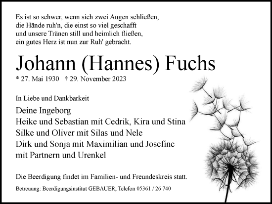 Traueranzeige von Johann Hannes Fuchs von Wolfsburger Nachrichten