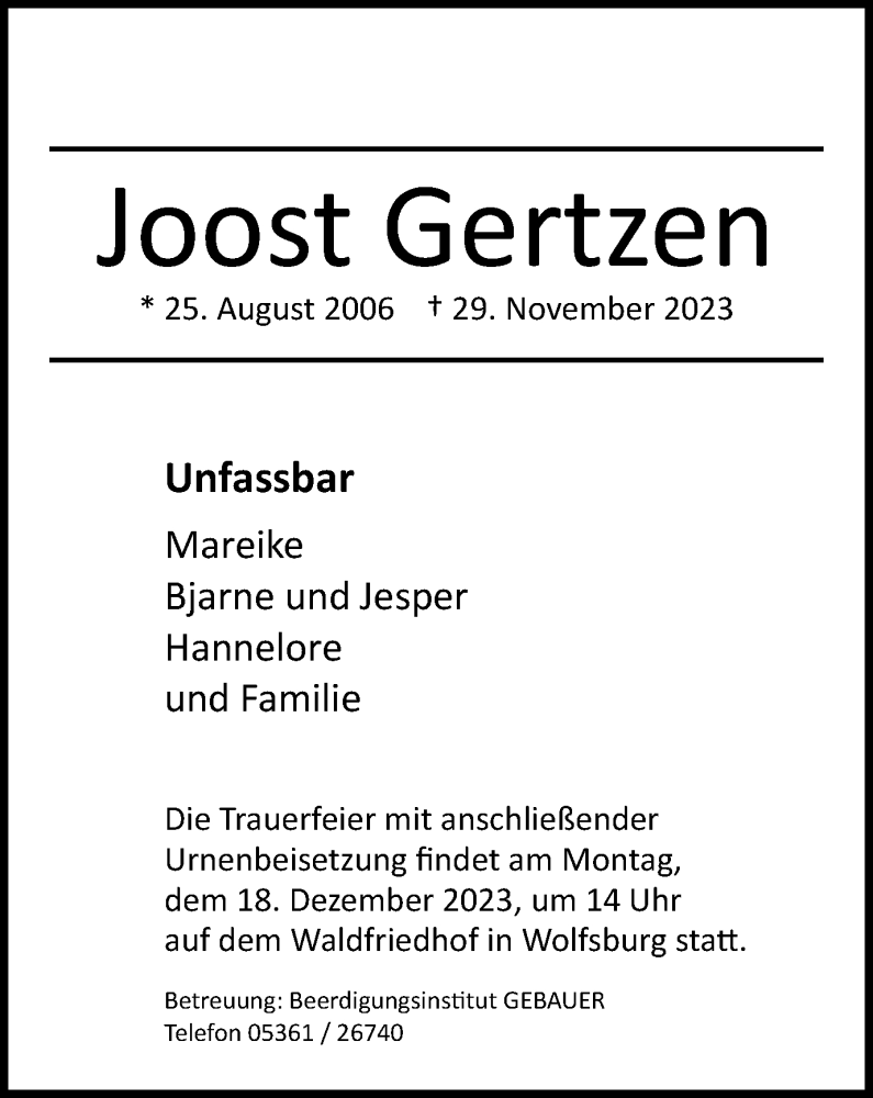  Traueranzeige für Joost Gertzen vom 09.12.2023 aus Wolfsburger Nachrichten