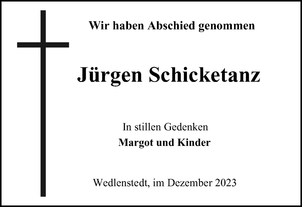  Traueranzeige für Jürgen Schicketanz vom 23.12.2023 aus Peiner Nachrichten