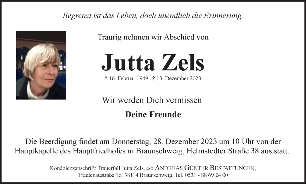  Traueranzeige für Jutta Zels vom 23.12.2023 aus Braunschweiger Zeitung