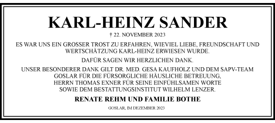 Traueranzeige von Karl-Heinz Sander von Salzgitter-Zeitung