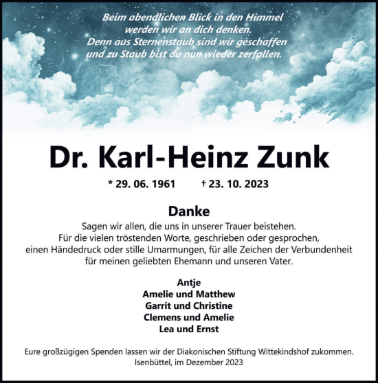 Traueranzeige von Karl-Heinz Zunk von Wolfsburger Nachrichten