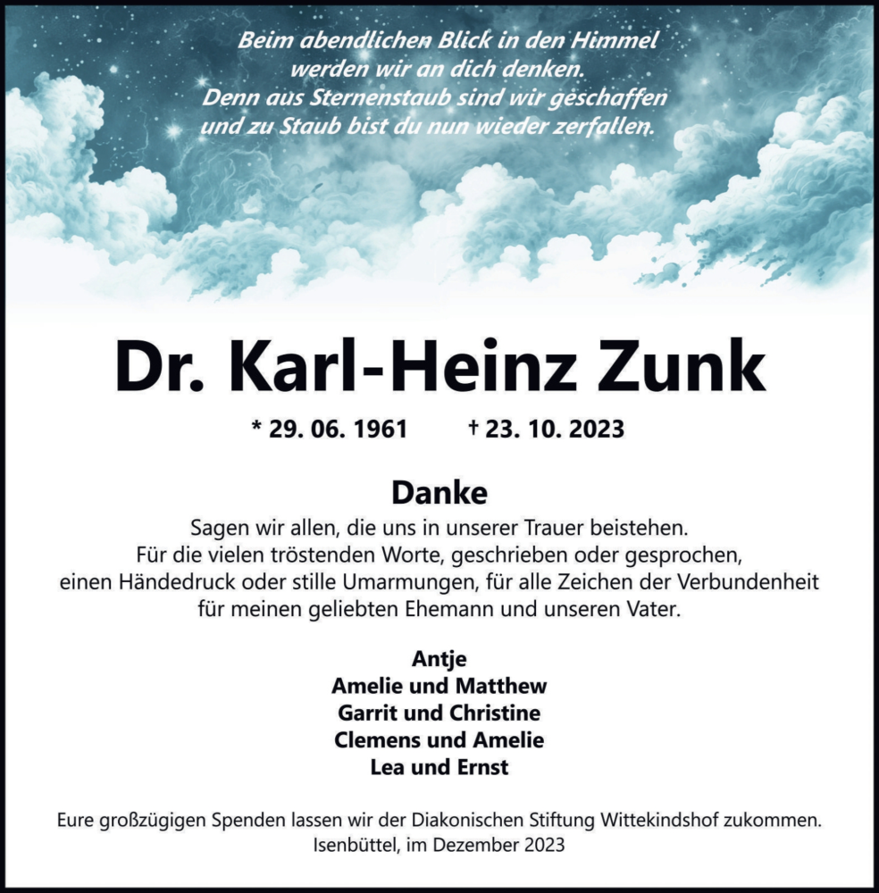  Traueranzeige für Karl-Heinz Zunk vom 09.12.2023 aus Wolfsburger Nachrichten