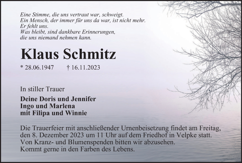 Traueranzeige für Klaus Schmitz vom 01.12.2023 aus Wolfsburger Nachrichten