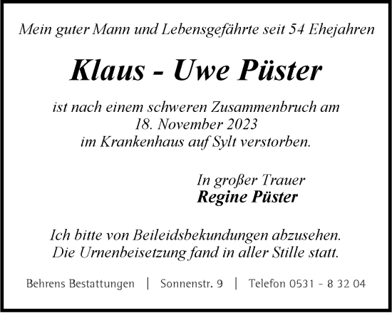 Traueranzeige von Klaus-Uwe Püster von Braunschweiger Zeitung