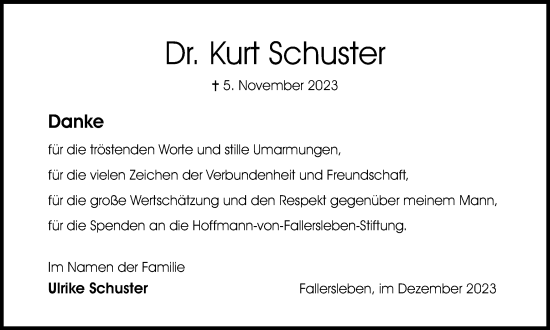 Traueranzeige von Kurt Schuster von Wolfsburger Nachrichten