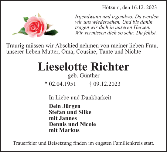 Traueranzeige von Lieselotte Richter von Braunschweiger Zeitung