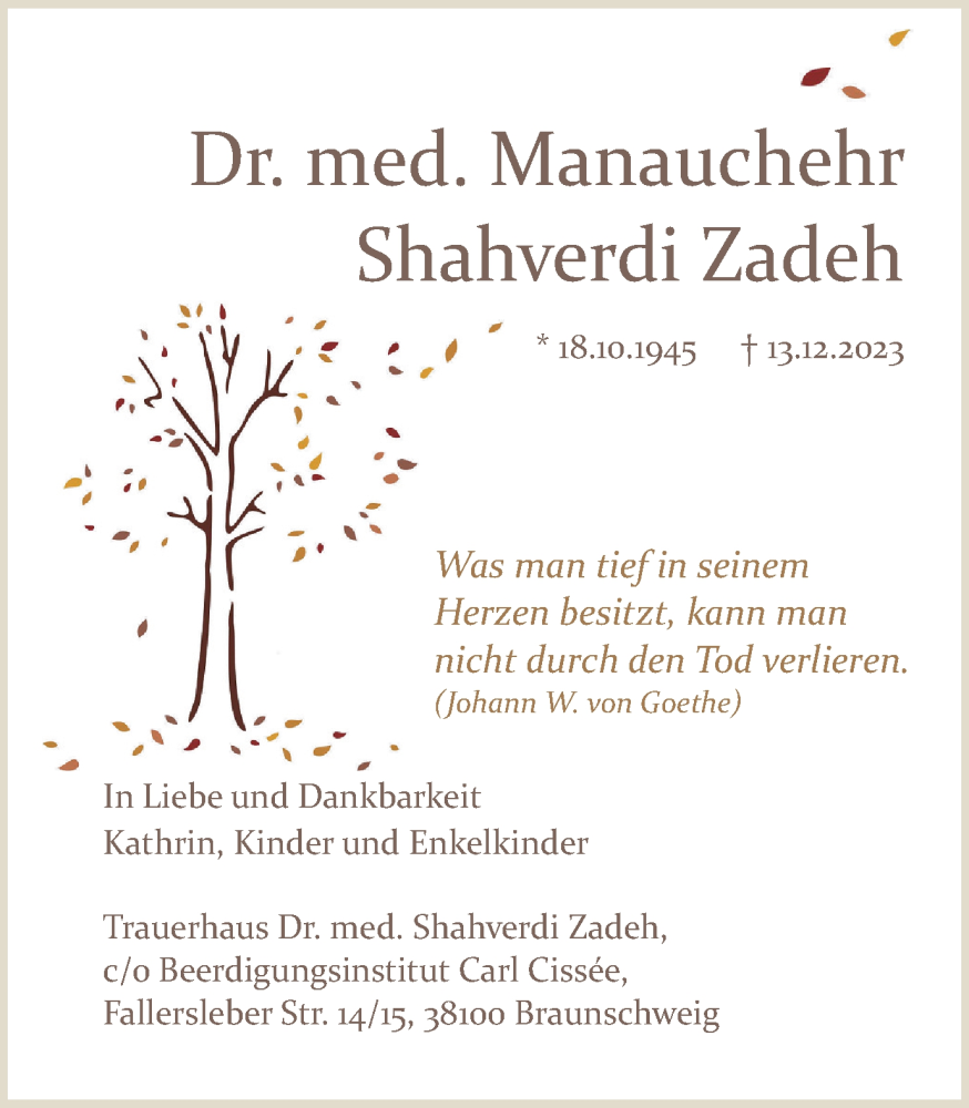  Traueranzeige für Manauchehr Shahverdi Zadeh vom 23.12.2023 aus Braunschweiger Zeitung