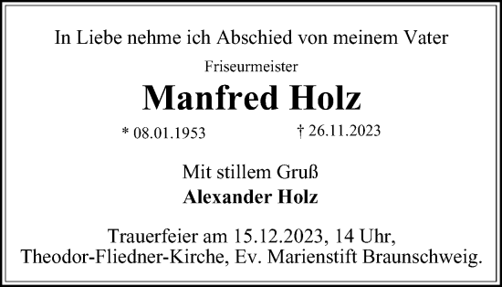 Traueranzeige von Manfred Holz von Braunschweiger Zeitung